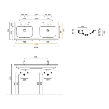 Catalano Italy Раковина двойная 125х50см, без отв., цвет: белый глянцевый. 0721270001-2