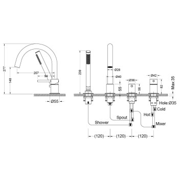 AQ1348BGM ЕВРОПА смеситель на борт ванны на 4 отв., оружейная сталь (шлиф. черный хром) AQ1348BGM-10