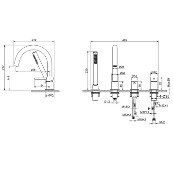AQ1348BGM ЕВРОПА смеситель на борт ванны на 4 отв., оружейная сталь (шлиф. черный хром) AQ1348BGM-11