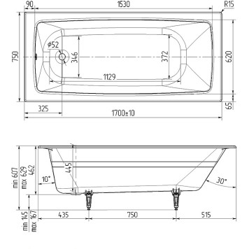 Wotte Vector 1700x750x445 ванна чугунная (БП-э00д1472) Vector 1700x750-3
