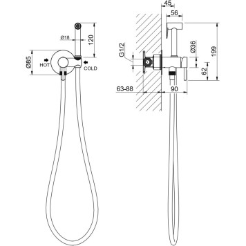 AQ1021BGM ЕВРОПА комплект для гигиенического душа встроенный (смеситель + гигиеническая лейка + шланг), оружейная сталь (шлиф. черный хром) AQ1021BGM-1