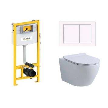 Комплект, ELSEN, E05, унитаз подвесной, шгв 360-530-360 инсталляция клавиша смыва, цвет унитаза-белый, цвет клавиши-белый