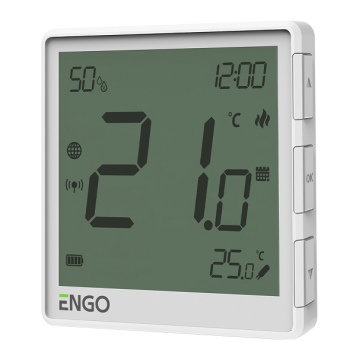 Терморегулятор, ENGO, беспроводной, белый, с модулем Zigbee, с аккумулятором, со встроенным датчиком влажности,с возможностью подключения датчика пола