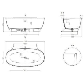 Salini Alda Wall Ванна 170х90х60см., пристенная, S-Sense, донный клапан, сифон, слив-перелив, цвет: белый глянцевый-2
