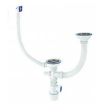 Сифон Wirquin Элит 11/2 х 40 мм для двойной мойки с нерж. чашками D114 мм с отводом и с прямоуг.пер. L300