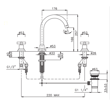 Nicolazzi M.Croce Смеситель для раковины на 3 отверстия, с донным клапаном, излив: 176мм, цвет: хром-1