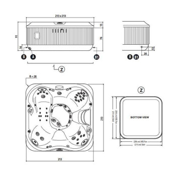 Jacuzzi J335 Минибассейн 214х214хh94см, отдельностоящий, гидро/аэромассаж, подсветка, стереосистема, CLEARRAY, MSFoam, нагреватель, с крышкой, отделка: platinum / smoked ebony. 903002410, ZP12ZY0EW40-3
