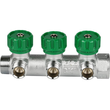 Распределительный коллектор FAR 3/4, хромированный, 3 отвода 1/2, проходной, с ЕК.-1