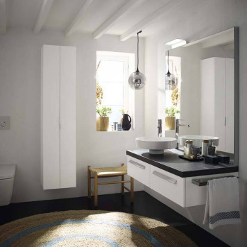 Burgbad Sys30 Шкаф 40х33.5х176см, подвесной, 2 створки с полками и держ фена, зеркало и двойн розетка на внутр стороне, ручки хром, цв белый матовый-2