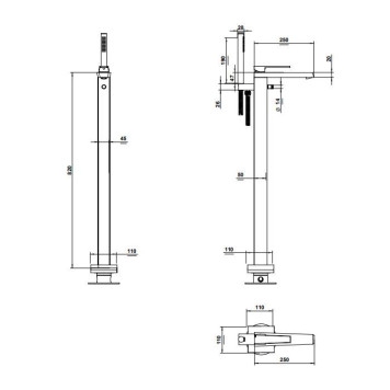 Bongio Stelth Смеситель для ванны напольный, 1 отв., с ручным душем и дивертером, цвет: золото-1