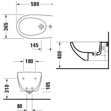Duravit Architec Биде подвесное с перел., с плоскостью под смес.,вкл. крепление Durafix, 36х58см., цвет: белый. 2531150000-1