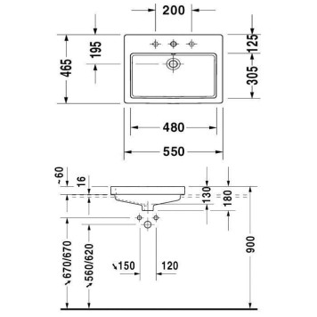 Duravit Vero Раковина 55x46.5см., встраиваемая, 1 отв., с переливом, цвет: белый. 0315550000-1