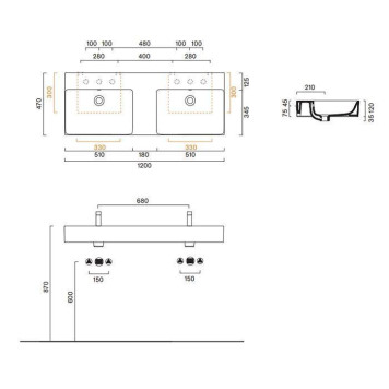 Catalano Premium Раковина двойная 120х47см, подвесная, без отв., цвет: белый глянцевый. 0221220001-3