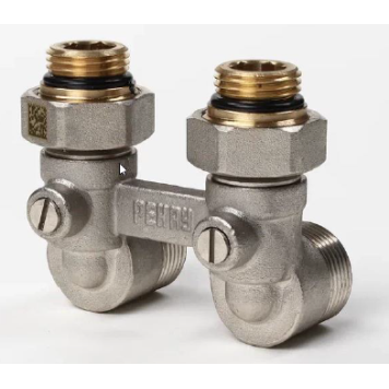 Блок шаровых кранов, с соединительными ниппелями G 1/2xG 3/4, угловой, латунь никелированная