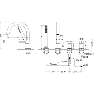 AQ1348MB ЕВРОПА смеситель на борт ванны на 4 отв., матовый черный AQ1348MB-9