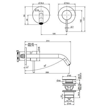 Fima Carlo Frattini Spillo UP Смеситель для раковины настенный, однорычажный, излив 21см, внешняя часть, цвет: брашированное золото. F3051WLX8OS-1