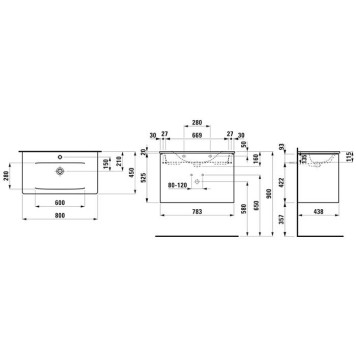 Laufen Palace Комплект мебели 800х450х545 мм., с раковиной Slim, 2 ящика, органайзер для ящика, ручка анодированный алюминий, подвесной, цвет белый глянцевый. 8.6070.5.261.104.1-1