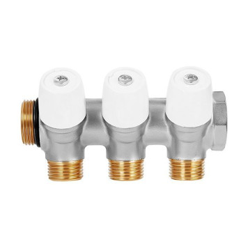 Коллектор латунный никелированный Hoobs 3/4 х3х1/2 EK регулируемый 3 выхода белые маховики. HB-6200E7N0504W3A-1