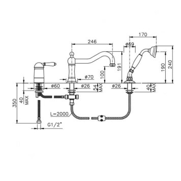 Nicolazzi Petit Mont Blanc Смеситель на борт ванны, на 3 отв., с изливом 24.6см и ручным душем, ручки белая керамика, цвет: хром. 3449BZ76-1