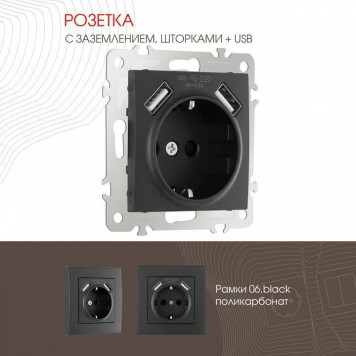Розетка с заземлением и со шторкой и 2хUSB, без рамки Arte Milano am-206 206.47-1.black-1