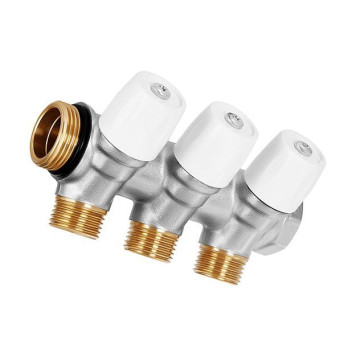 Коллектор латунный никелированный Hoobs 3/4 х3х1/2 EK регулируемый 3 выхода белые маховики. HB-6200E7N0504W3A-2