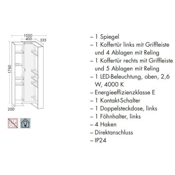 Burgbad Sys30 Шкаф 40х33.5х176см, подвесной, 2 створки с полками и держ фена, зеркало и двойн розетка на внутр стороне, ручки хром, цв белый матовый-1