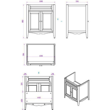TW Veronica Nuovo комплект мебели с 2-мя дверцами, с доводчиками Blum, ручки: бронза, 73см, напольный, цвет: белый-2