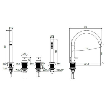 Almar Mixers Смеситель на борт ванны, 4 отв., с ручным душем, цвет: латунь брашированная PVD. E214006.HB-1