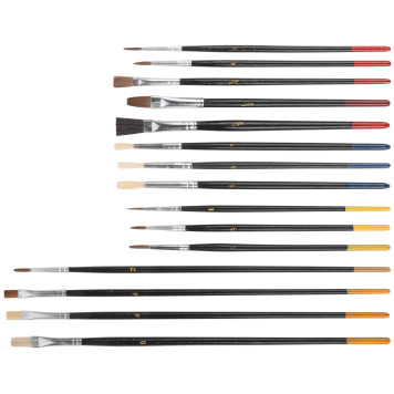 Кисти художественные, натуральная щетина, деревянная ручка, плоские и круглые, набор 15 шт.