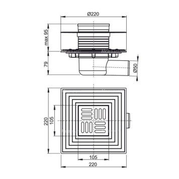 Трап Alcaplast 105 х 105 мм H=88-174 мм г/затвор комбин воротник 2 уров. выпуск 50 мм нерж.сталь-1