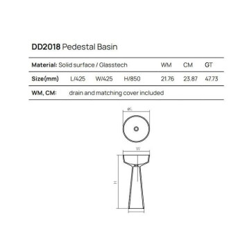 Dea Design Pedestal Basin Раковина 42.5х42.5х85см., напольная, без отв., Solid Surface, цвет: White №18. DD2018 425 18-2