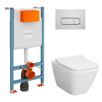 9856B003-7207 Комплект: Integra Square подвесной Безободковый унитаз + тонкое сиденье МЛ/БС+ инсталляция + панель смыва хром глянец 9856B003-7207