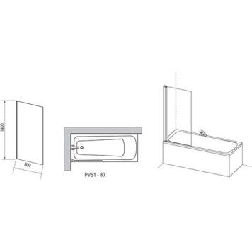 PVS1-80 блестящая + Транспарент, Pivot шторка для ванны 79840C00Z1-1