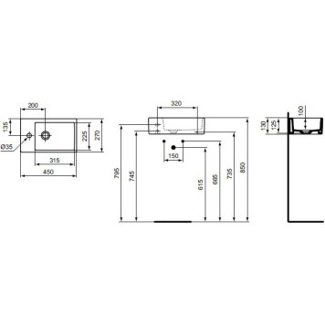 K081701 STRADA асимметричный умывальник 45X27 см, 1 отверстие под смеситель слева, без перелива, с крепежом K081701-1