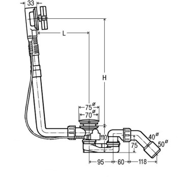 138561 Multiplex Visign M5 слив-перелив (плоская констр.), с гидрозатвором, наклад., отводящ. колено 45°, 40/50 x 725 мм, пластик/хром, модель 6163.45 138561-1