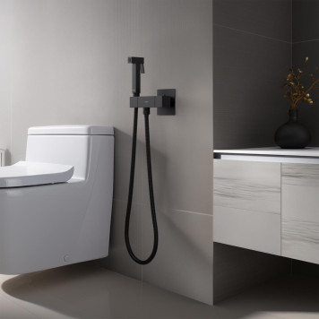 AQ1028MB ЛИБРА комплект для гигиенического душа термостатический встроенный (смеситель + гигиеническая лейка + шланг), матовый черный AQ1028MB-3