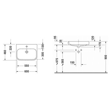 Duravit Happy D.2 Раковина 65х46см., встраиваемая сверху, 1 отв., со слив-переливом, с креплением, цвет: белый. 2315600000-2
