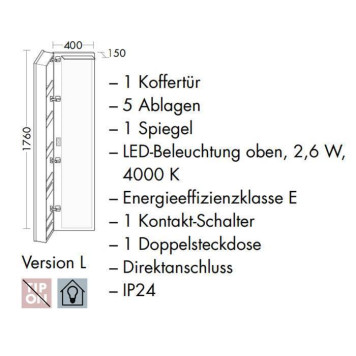 Burgbad Sys30 Шкаф 40х15х176см., подвесной, 5 полок ,1 зеркало, Sx, подсветка, ручки хром, цвет: белый глянцевый-1