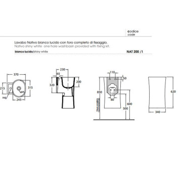 Azzurra Nativo Раковина подвесная 35x37x62 см, 1 отв., с креплением, цвет: Bianco lucido-5