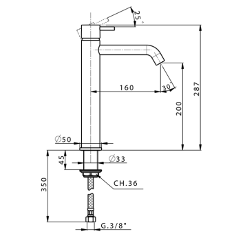CISAL Less New Смеситель однорычажный для раковины на 1 отверстие,высокий h 287 мм,излив 160 мм,без донного клапана, цвет: черный матовый-1