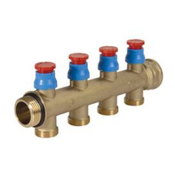 Сборный коллектор, латунный 1 x 3/4E/3 с регулирующими клапанами с рукояткой (возможна установка сервопривода), с отводами с наружной резьбой