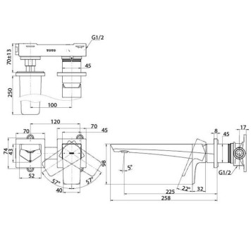 TOTO GE Смеситель для раковины встраиваемый 167x258x98мм без сливного клапана, цвет: хром-1