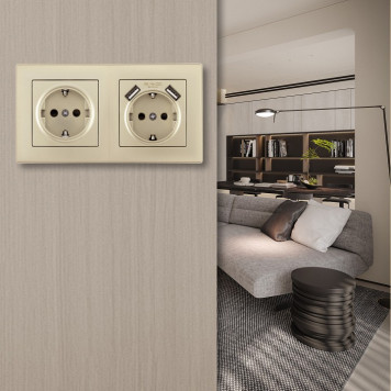 Розетка с заземлением и со шторкой и 2хUSB Arte Milano SET06-2 SET06-2-47-1-40-1 shampan-1