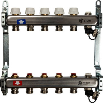 Коллектор STOUT из нержавеющей стали с клапаном выпуска воздуха и сливом 5 выходов.