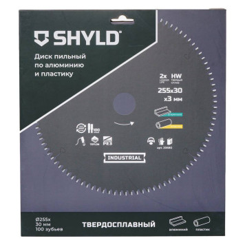 Диск пильный по алюминию и пластику SHYLD твердосплавный 255х30 мм, 100 зубьев(20680)