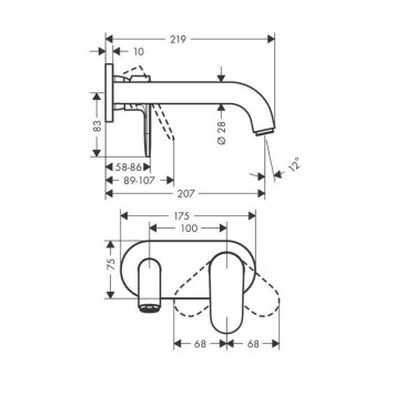 Hansgrohe Vernis Shap Смеситель для раковины, настенный, излив 204 мм, внешняя часть, цвет: матовый черный. 71578670-1