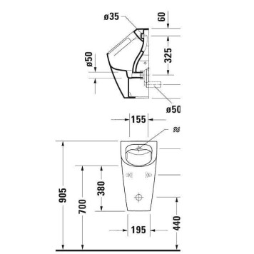 Duravit ME by Starck Писсуар Rimless 0,5л., без смывного края, подача воды сзади, с вытяжкой, сток горизонтальный, включая крепление, модель без bdquo;мушк-1