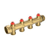 Сборный коллектор, латунный 1 x 3/4E/2 с отсечными регулирующими клапанами, с отводами с наружной резьбой, модель с отводами 3/4E имеет прокладки на корпусе коллектора