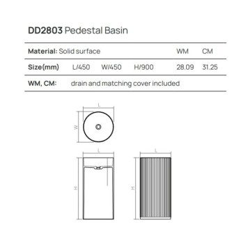 Dea Design Pedestal Basin Раковина 45х45х90см., напольная, без отв., Solid Surface, цвет: White №18. DD2803 450 18-2