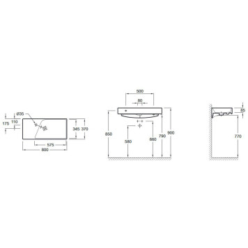 RYTHMIK EXP112-Z-00 Подвесная раковина-столешница гладкая нижняя поверхность, Ш80Г37 см. Одно отверстие для смесителя. Может устанавливаться на мебе EXP112-Z-00-2